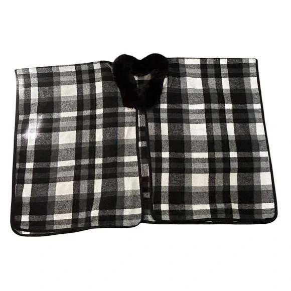 Black White Plaid Faux Fur Collar Single Button Closure Shawl Womens One Size - Picture 5 of 11